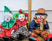 Your choice Vintage porcelain face clown doll, cloth body clown, jester joker circus clown dolls, small clown figures, patriotic,