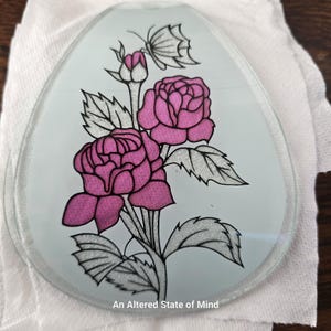 4 pc Vintage rose touch lamp panels, frosted stained glass pane, purple pink rose, replacement curved lamp shade, mid-century lighting lamp
