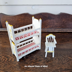 Vintage Dollhouse Bunk Bed and Highchair: Miniature White Wooden Furniture