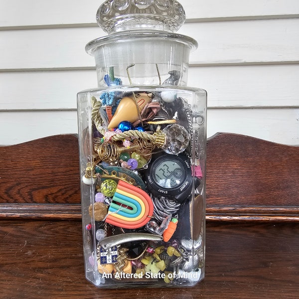 Large vintage junk drawer mystery treasure jar, vintage smalls, game pieces, found objects, Assemblage supplies, altered art, mixed media