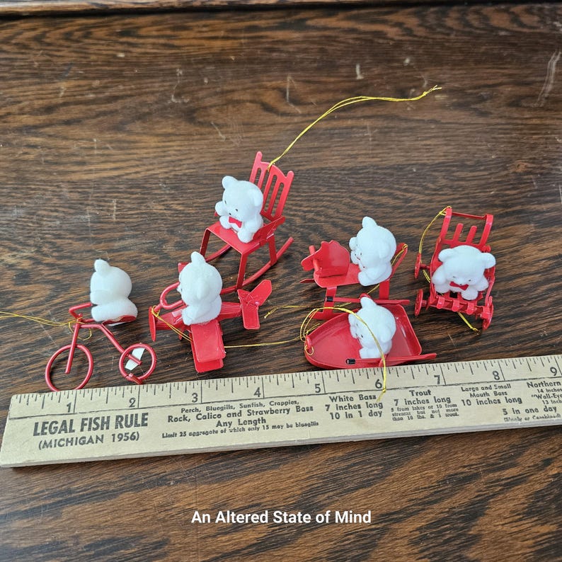 Vintage Red Metal Teddy Bear Ornaments, Russ Berrie Flocked Bear