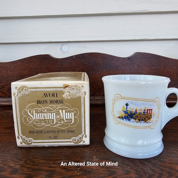 Vintage Avon for men shaving mug no aftershave white milk glass Iron Horse locomotive mug with handle gift for men him shaving cream mug