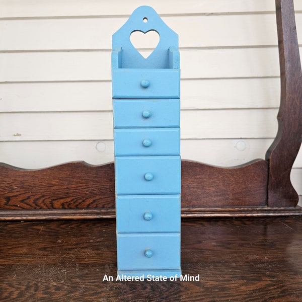 Small country blue wooden drawer shelf vintage wall hanging craft drawer organizer cute chest of drawers tall skinny accent storage drawers