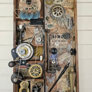 The Watcher, wall hanging original art work, industrial grunge art shadow box, mixed media found object assemblage ooak art, 3D collage