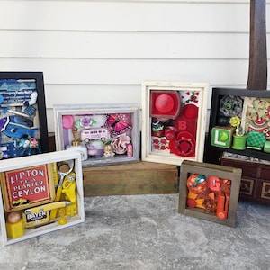 Kaleidoscope series: colorful assemblage, found objects, 3D shadow box, handmade