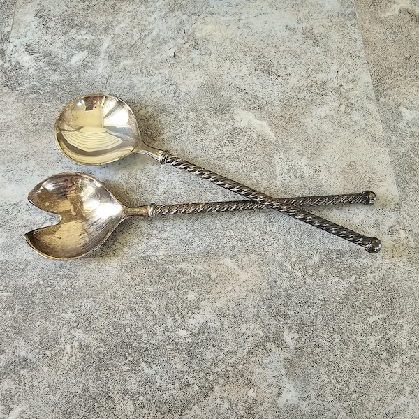 Vintage Silverplated Salad Spoons: Twisted Handle Serving Set, E.F. Zing Italy