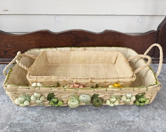 2 cestas vintage de ratán natural tejidas con flores de rafia: soporte para cazuelas