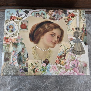 May include: A collage featuring a vintage portrait of a woman with a pearl necklace, surrounded by floral and antique ephemera. The artwork incorporates images of roses, butterflies, and children, creating a nostalgic and romantic aesthetic.