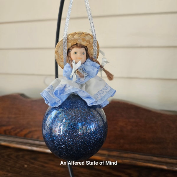 Bisque doll glitter ornament repurposed cameo doll christmas tree decoration ooak assemblage ornament one of a kind handmade unique blue
