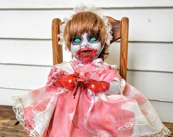 Creepy possessed porcelain doll rocking chair, Haunted Halloween horror doll, dark art, handmade, ghoulish, gothic, undead, living dead