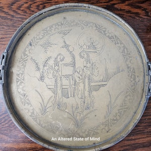 Vintage brass engraved Chinese tea tray: decorative oriental platter with handles