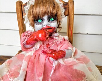 OOAK creepy green eyed doll vampire zombie rocking chair altered art doll upcycled hand painted possessed zombie living dead doll unique