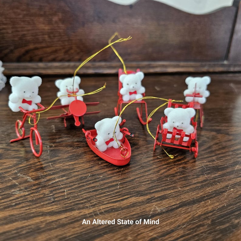 Vintage Red Metal Teddy Bear Ornaments, Russ Berrie Flocked Bear