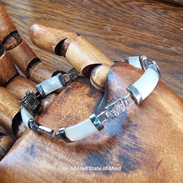 8" Sterling MOP link bracelet Mother of Pearl Asian panel link .925 sterling silver bracelet vintage jewelry gift for her Valentine's gift