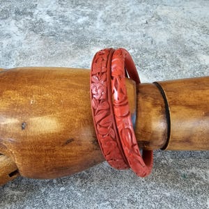 2 Vintage Chinese Cinnabar bangle bracelet, carved red cinnabar, prosperity transformation protection collectible Chinese lacquer jewelry