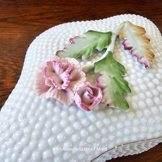 Vintage hobnail rose jewelry trinket box lidded p… - image 8