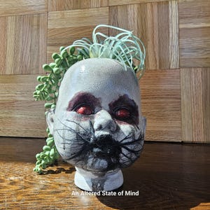 Puede incluir: Un macetero de cerámica blanca con forma de cabeza de muñeca con ojos rojos y detalles pintados en negro. El macetero está lleno de una planta suculenta verde.