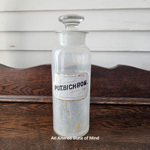 10" Vintage apothecary jar, antique chemistry bottle, Pot. Bichrom porcelain label, pharmaceutical chemical medicine bottle, large jar