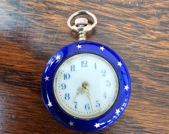 Vintage blue enamel pocket watch non-working sapphire gold open face pocket watch antique sterling swiss made movement ladies pocket watch