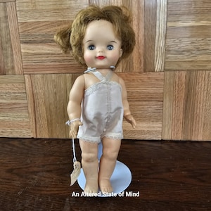 Vintage Effanbee Fluffy doll, 11&quot; rubber doll, red rooted hair, blue sleep eyes, red lips, 1960s Brownie Scout doll, collectible baby doll