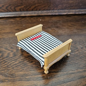 1:12 mini dollhouse bed, black white stripe sheets, wooden oak doll bed, mid-century, miniature, doll house furniture, accessories