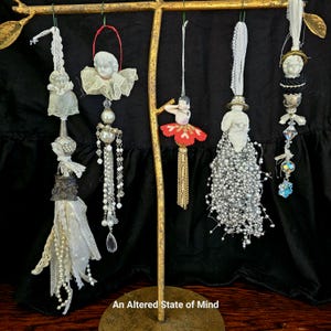 Choice Altered doll ornament, fringe tassel doll charm, assemblage, Christmas tree dangle decoration, repurposed frozen Charlotte, handmade