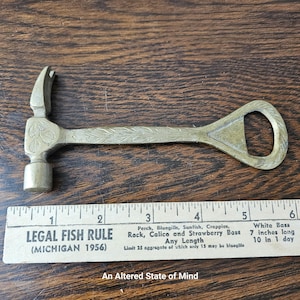 Vintage Brass Hammer Bottle Opener: Etched Bar Tool