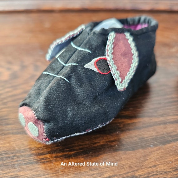 Vintage baby shoes black silk slip on pig piglets… - image 2