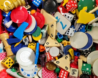 1/2lb Assorted vintage game pieces, mixed mystery grab bag, old game tokens, lucky dip, Assemblage art found objects mixed media art supply