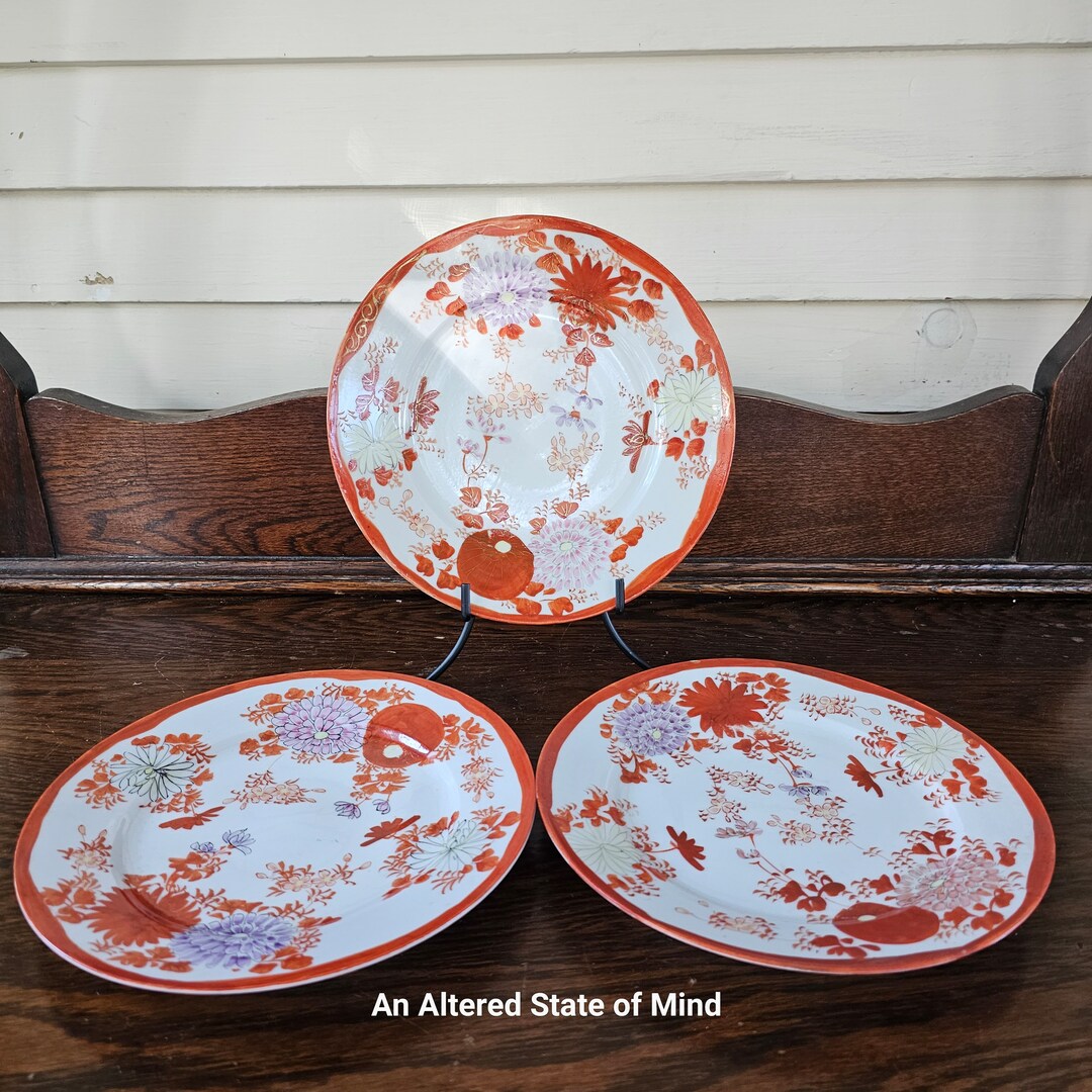 3 Vintage Japanese China Plates Porcelain Ceramic Red and Etsy