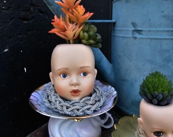 Choice doll head teacup planter, indoor succulent flower pot, unique handmade, plant home decor, creepy cute aesthetic, doll head planter