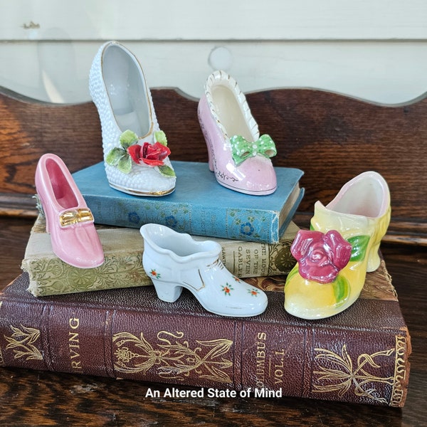 Choice vintage shoe planter figurine ceramic porcelain ladies high heeled shoes victorian style miniature yellow white pink succulent