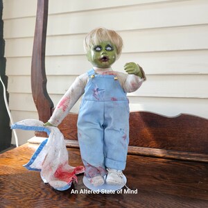 12" repurposed zombie doll, creepy doll art, handpainted, Halloween haunted house prop, upcycled doll, baby zombie horror doll decoration
