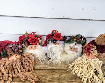 5 Vintage Santa Claus head ornament, red hat, Christmas tree decoration, wispy fluffy yarn string beard, red cheeks, realistic Santa face