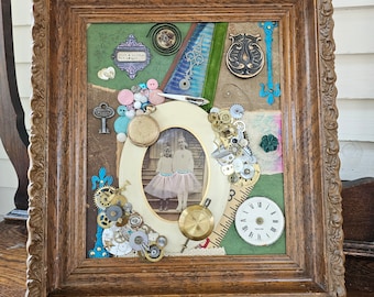 Vintage framed photograph mixed media art collage altered photo assemblage upcycled found object art wall hanging one of a kind original art