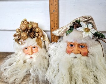 2 Vintage Santa Claus head ornament, gold hat, Christmas tree decoration, wispy fluffy yarn string beard, red cheeks, realistic Santa face