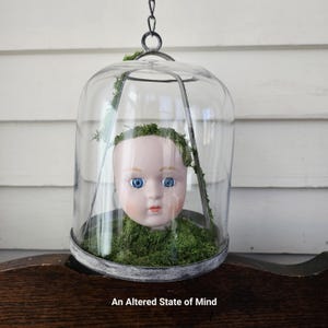 Puede incluir: Una cabeza de muñeca con ojos azules y labios rojos está encerrada en una campana de cristal transparente. La cabeza está rodeada de musgo verde. La campana está suspendida por una cadena de metal. El texto "An Altered State of Mind" está en la parte inferior.