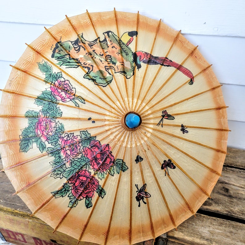 Vintage Japanese hand painted parasol Oriental umbrella Etsy