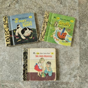 3 Vintage A Little Little Golden books, miniature hard cover, 1940s children&#39;s books, Pokey Puppy, Scuffy Tugboat, We Help Mommy