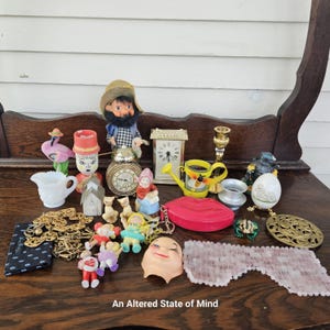 Granny&#39;s junk drawer lot, curated vintage treasures, collectibles miscellaneous figurines, small toy doll, knick knack, toothpick holder