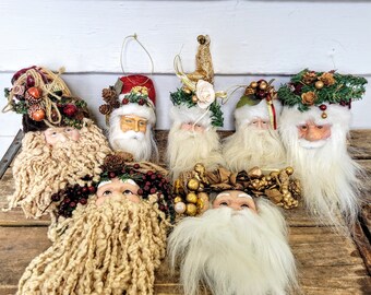 7 Vintage Santa head ornament, Santa Claus head, Christmas tree decoration, wispy fluffy yarn string beard, red cheeks, realistic Santa face