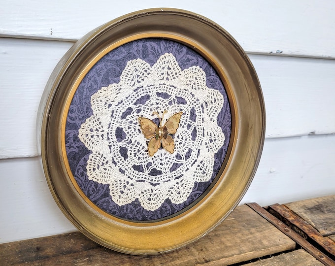 Framed Vintage Doily Wall Art, Crochet Doily, Circle Framed Doily