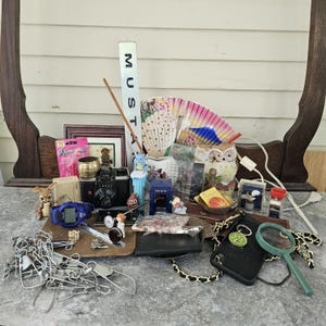 Vintage Junk Drawer Lot: 39 pc Found Objects, Fan, Camera, Figurines