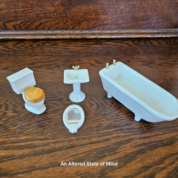 Vintage doll house porcelain bathroom set, miniature mini toilet mirror tub small sink white ceramic doll house accessories furniture 4 pc