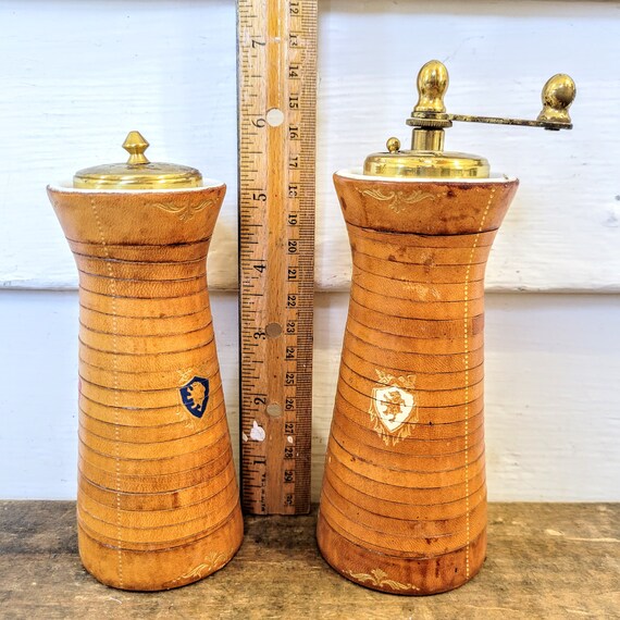 Vintage Italian Pepper Mill and Salt Shaker Ceramic Leather Etsy
