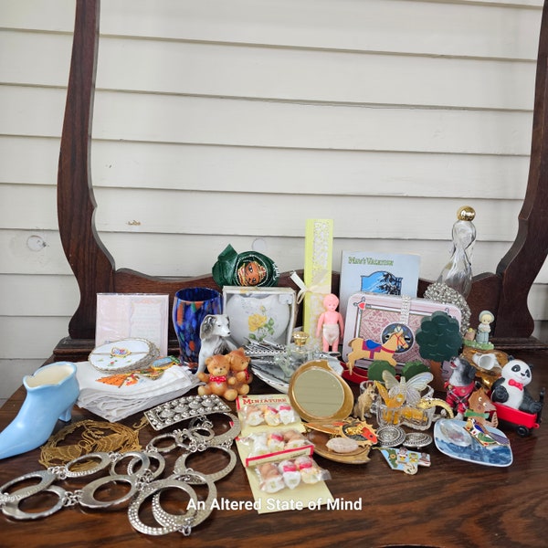 Granny's vanity junk drawer lot jewelry box vintage treasures found objects lot misc collectibles miscellaneous perfume craft supplies lot