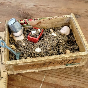 Doll sandbox Day at the Beach fun nonsense nostalgic art, childhood whimsy desk decor shelf sitter, shadowbox assemblage diorama art