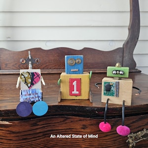 Choice handmade wooden robot, assemblage bot, cute robot gift, unique decor, desk ornament, shelf sitter, found object art, one of a kind