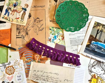 May include: A collection of vintage ephemera, including a green doily, a purple tassel trim, a page from a magazine with a drawing of a cherub, and a handwritten note with the text "An Altered State of Mind".