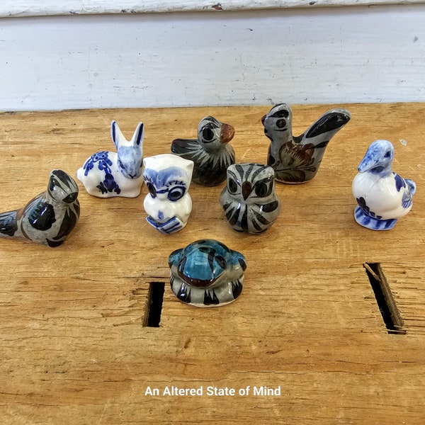 Small vintage Mexican Tonala pottery figurines lot animals owl frog birds miniature figures junk drawer lot mixed Mexico figurines squirrel